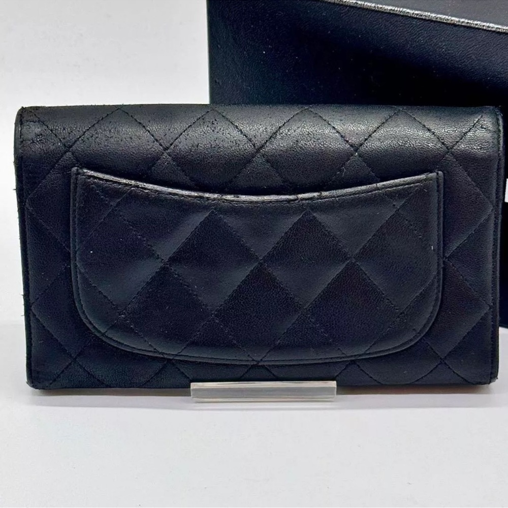 Chanel quilted mattelasse lambskin black trifold long wallet - Picture 4 of 14